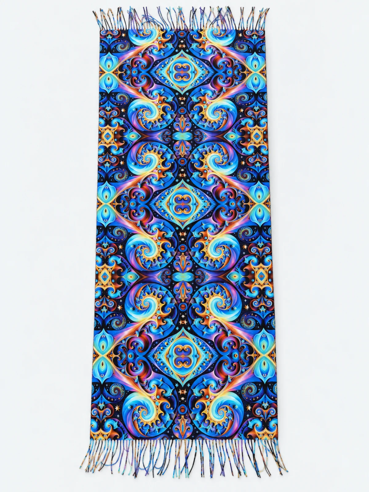 Blue ornamental printed scarf with intricate multicolor gradients