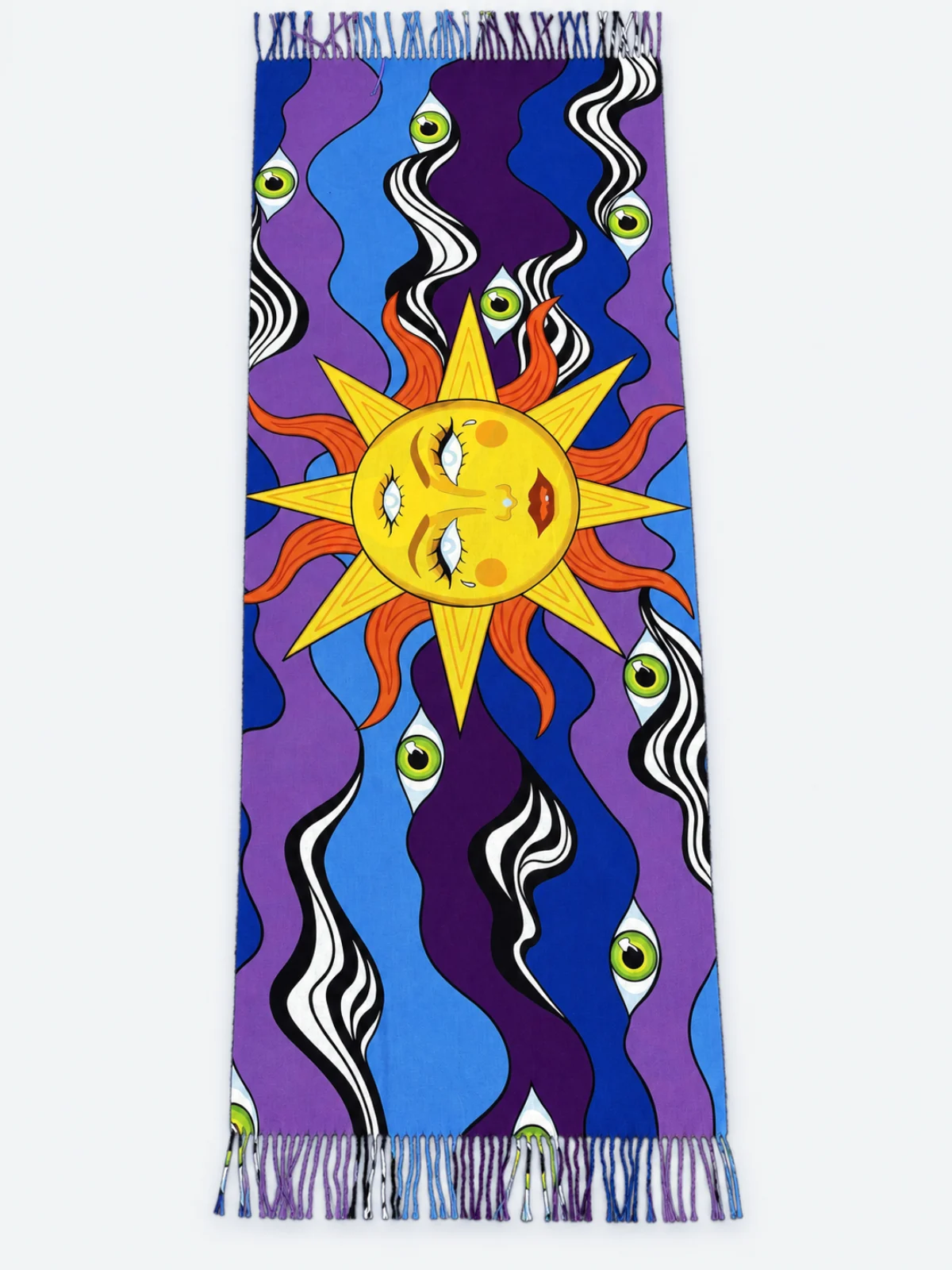 Blue and violet printed scarf with a bold yellow sun illustration