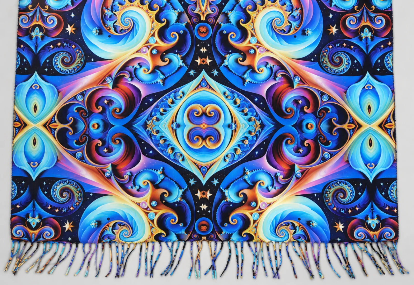 Blue multicolor ornamental printed scarf detail