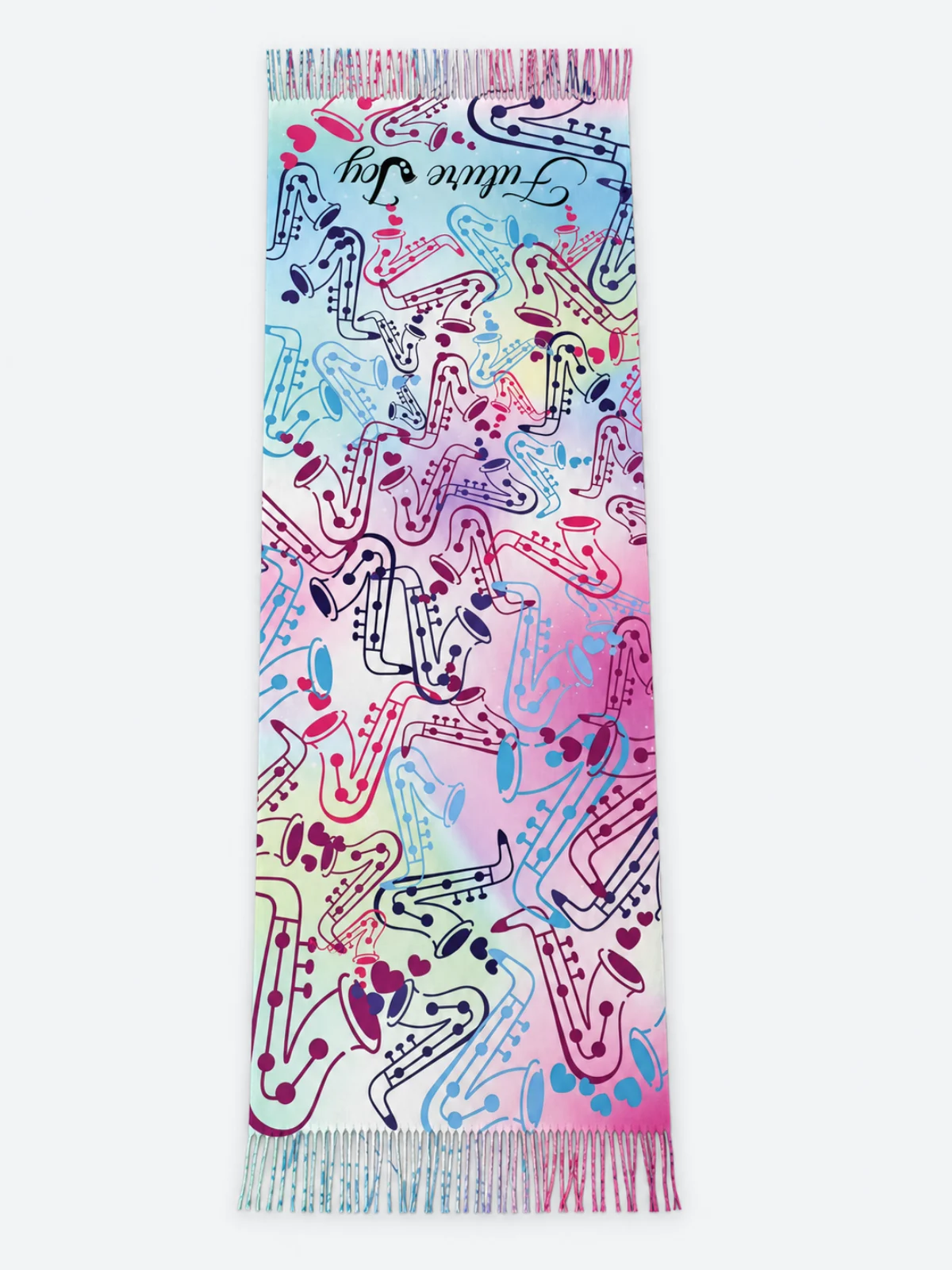 Pastel printed scarf with colorful saxophone illustrations and matching fringe