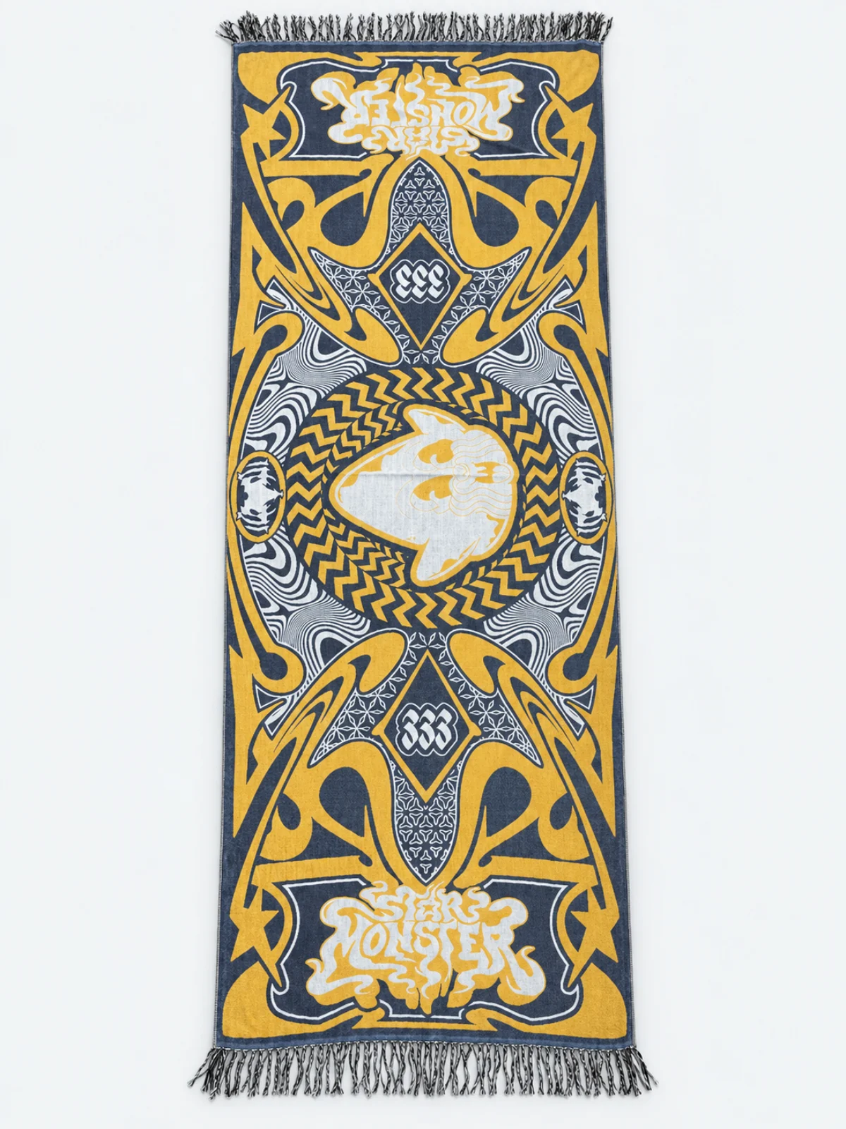 Gold, slate and ivory woven sample showing graphic pattern definition